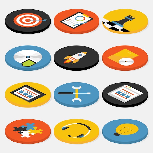 Conjunto de iconos de oficina y negocios de sitio web de círculo plano isométrico. conceptos de negocio de vector y conjunto de iconos de objetos de oficina