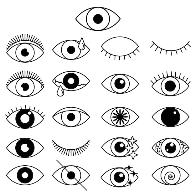 Conjunto de iconos de ojos de contorno. Ojos de línea delgada abiertos y cerrados, formas de ojos durmientes con pestañas