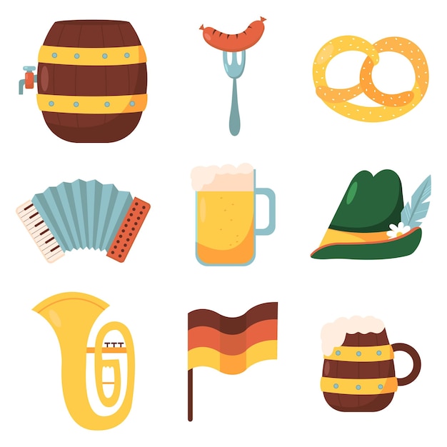 Conjunto de iconos de Oktoberfest: cerveza alemana, pretzel, salchicha. Colección para festival folclórico en Alemania.