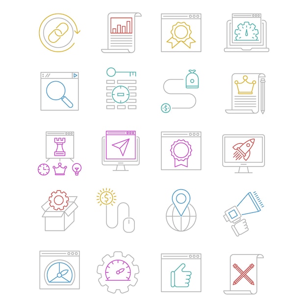 Conjunto de iconos de optimización de motor de búsqueda Simple Mono Line Pictogram Pack Vector Concept