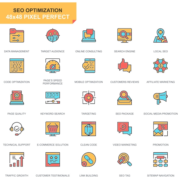 Conjunto de iconos de optimización de seo y web de línea plana