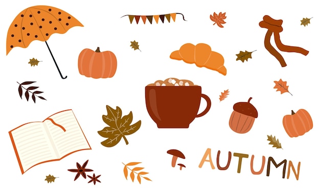 Conjunto de iconos de otoño hojas caídas calabazas taza de libro de café y otros elementos de la temporada de otoño perfectos para la ilustración de vector de kit de etiqueta de invitación de cartel de tarjeta de álbum de recortes