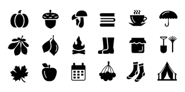 Conjunto de iconos de otoño Icones vectoriales negros aislados sobre fondo blanco