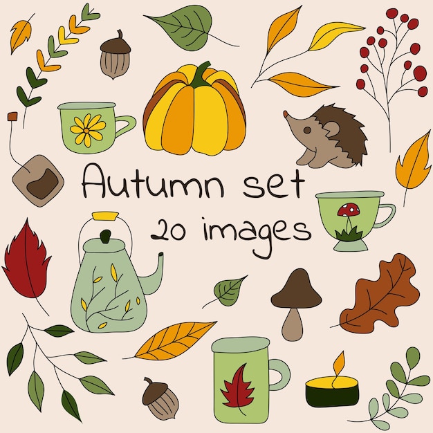 Conjunto de iconos de otoño. Ilustración dibujada a mano.