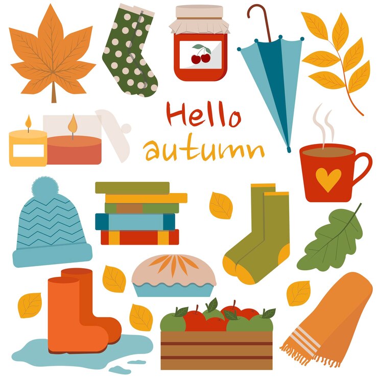 Vector conjunto de iconos de otoño que caen hojas libro de velas de manzana y café colección de elemento de temporada de otoño