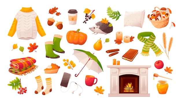 Conjunto de iconos de otoño, suéter, hojas que caen, comida acogedora, velas, libro, calabaza, chimenea, manta.