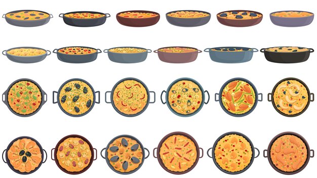 Vector conjunto de iconos de paella vector de dibujos animados. cocine el plato. cocina deliciosa