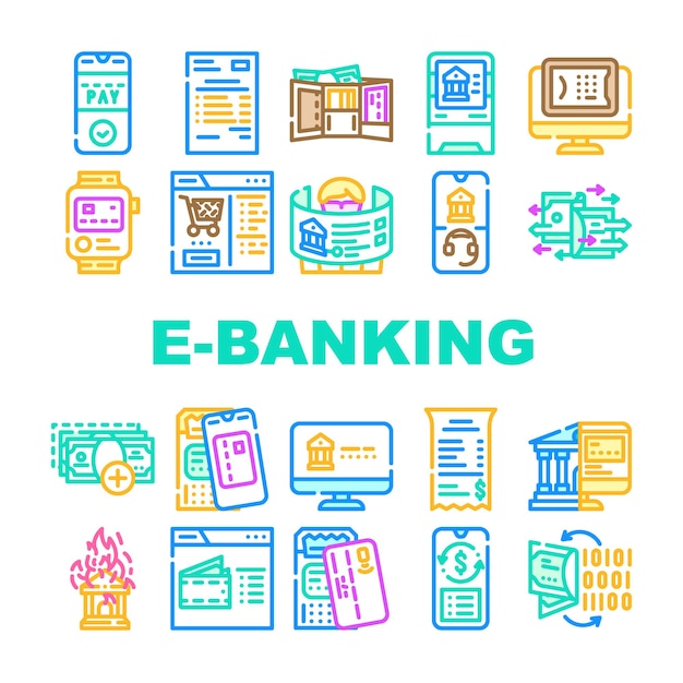 Conjunto de iconos de pago sin contacto y banca electrónica Servicio en línea de banca electrónica vectorial y pago con aplicación de teléfono móvil y transacción bancaria del sistema Nfc en ilustraciones a color de teléfonos inteligentes
