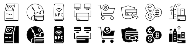 Conjunto de iconos de pago digital y banca global Estilo lineal y silueta
