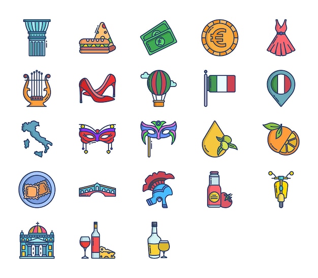 Conjunto de iconos de país y cultura de italia