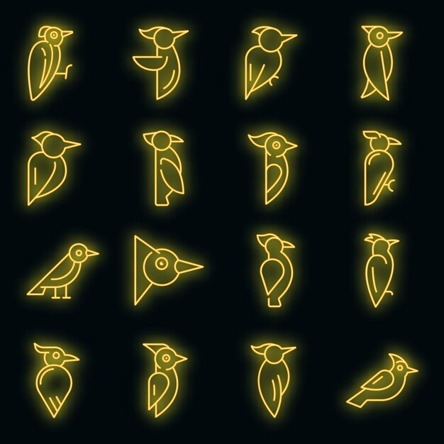 Conjunto de iconos de pájaro carpintero. Esquema conjunto de iconos de vector de pájaro carpintero color neón en negro