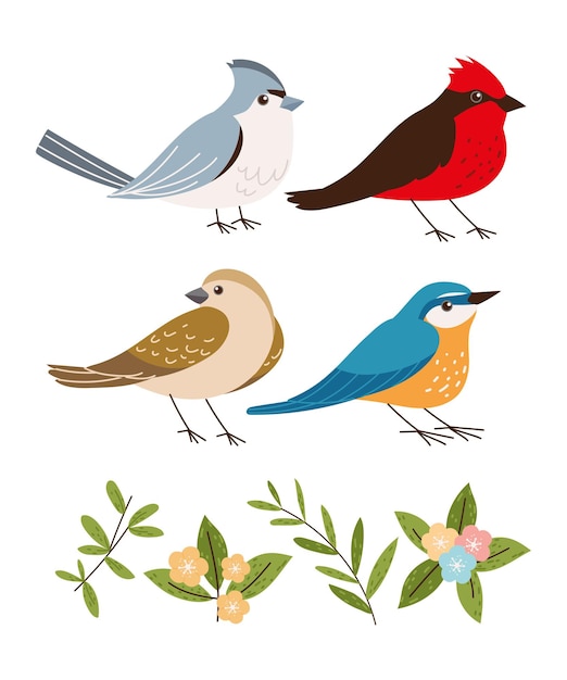 Vector conjunto de iconos de pájaros y flores