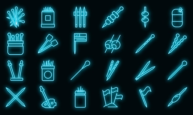 Conjunto de iconos de palillo de dientes. Esquema conjunto de iconos de vector de palillo de dientes de color neón en negro