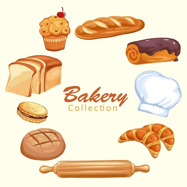 Vector conjunto de iconos de pan. productos de pastelería, pan integral y de trigo, y gorro de cocinero