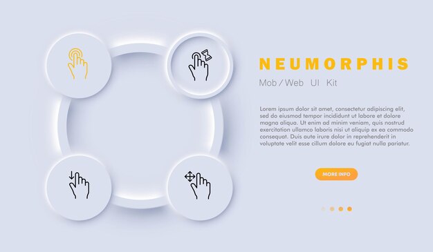 Conjunto de iconos de pantalla táctil Interfaces táctiles para controlar dispositivos electrónicos Tecnología Estilo de neomorfismo Icono de línea vectorial para negocios y publicidad