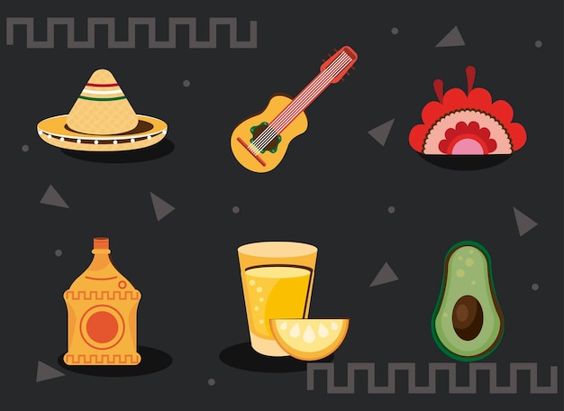 Vector conjunto de iconos de paquete de celebración mexicana