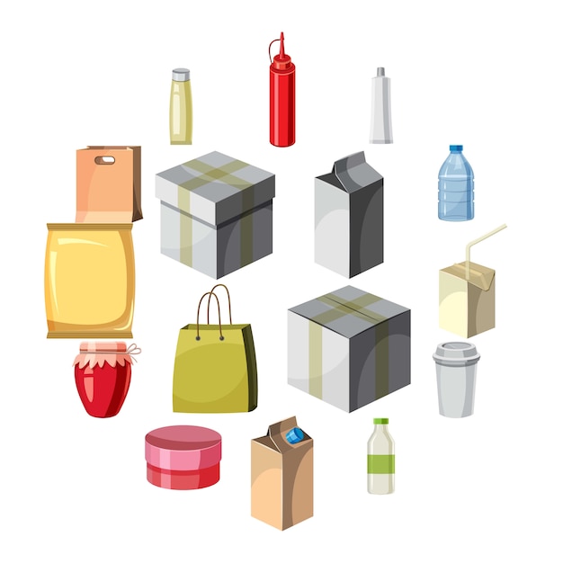 Conjunto de iconos de paquete contenedor, estilo de dibujos animados