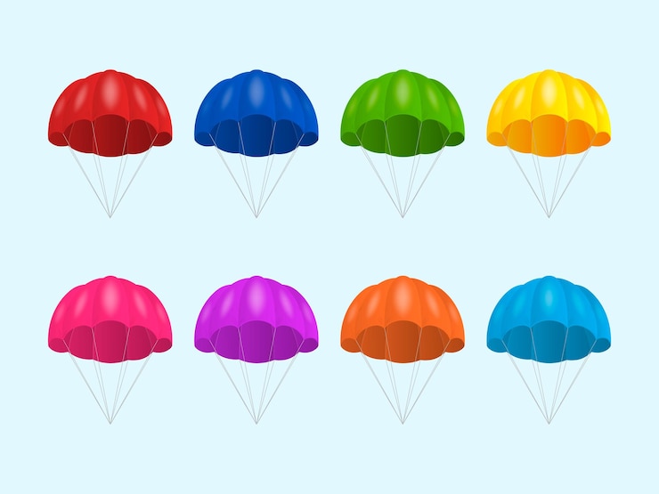 Vector conjunto de iconos de paracaídas de color realista 3d vectorial plantilla de diseño aislado para servicios de entrega post comercio electrónico deporte concepto web banner maqueta vista frontal