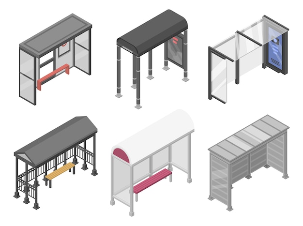 Conjunto de iconos de parada de autobús. Conjunto isométrico de iconos de vector de parada de autobús para diseño web aislado sobre fondo blanco