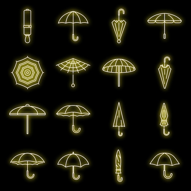 Vector el conjunto de iconos de paraguas de lluvia es un conjunto de iconas vectoriales de paraguás de lluvia de color neón en negro.