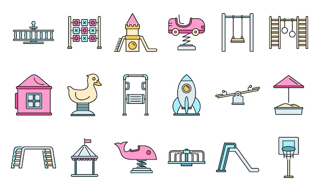 Conjunto de iconos de parque para niños Conjunto del conjunto de iconos vectoriales de jardín para niños de parque Color de línea delgada plano en blanco