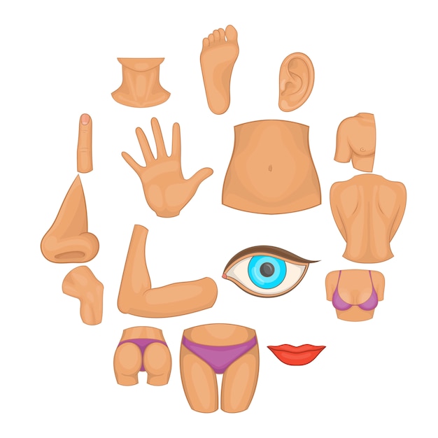 Vector conjunto de iconos de partes del cuerpo, estilo de dibujos animados