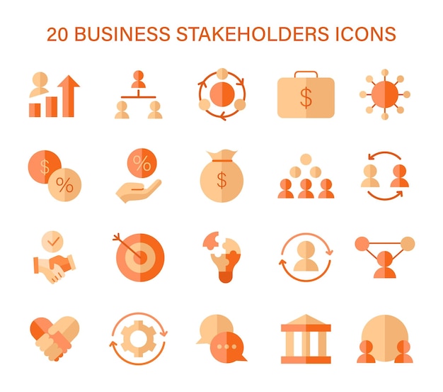 Conjunto de iconos de las partes interesadas empresariales que capturan elementos esenciales como los objetivos de crecimiento, la financiación y
