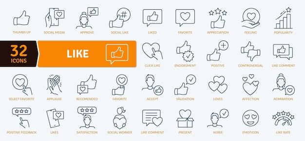 Conjunto de iconos de participación en las redes sociales 32 ilustraciones de líneas de "Me gusta" y "Aprobación"