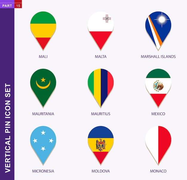 Conjunto de iconos de pasador vertical, bandera de 9 países: malí, malta, islas marshall, mauritania, mauricio, méxico, micronesia, moldavia, mónaco