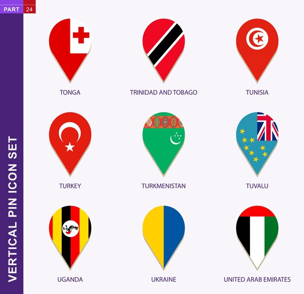 Conjunto de iconos de pasador vertical, bandera de 9 países: tonga, trinidad y tobago, túnez, turquía, turkmenistán, tuvalu, uganda, ucrania, emiratos árabes unidos