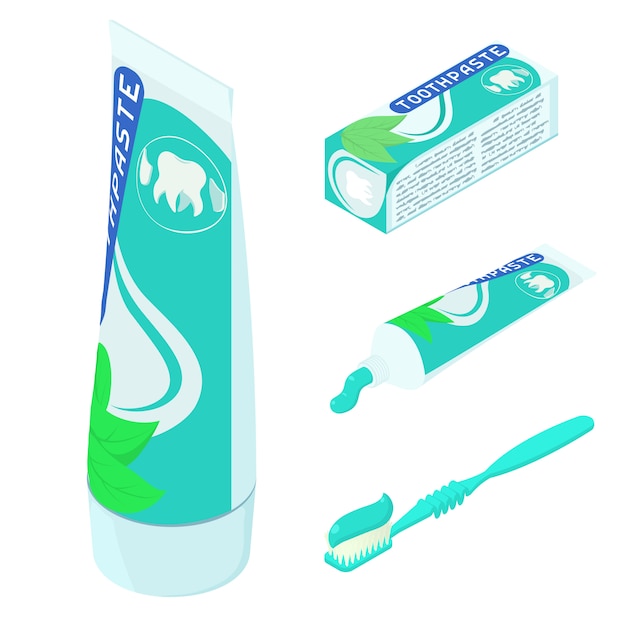 Vector conjunto de iconos de pasta de dientes, estilo isométrico