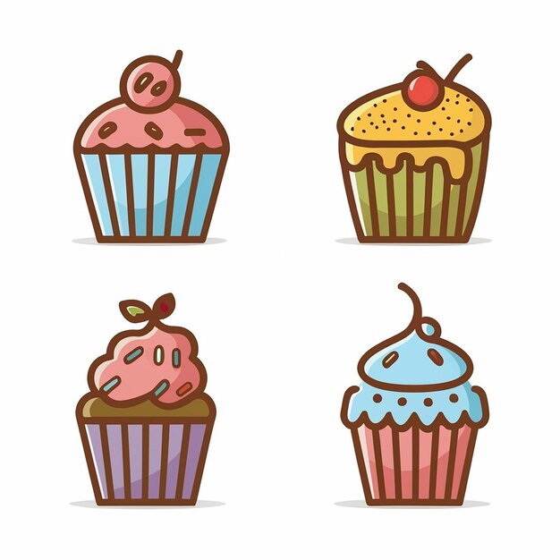 Vector conjunto de iconos de pasteles y cupcakes sobre un fondo blanco