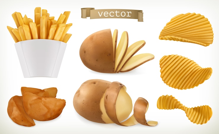 Vector conjunto de iconos de patatas, gajos y patatas fritas