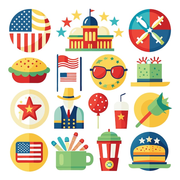 Conjunto de iconos patrióticos que celebran el Día de la Independencia de Estados Unidos