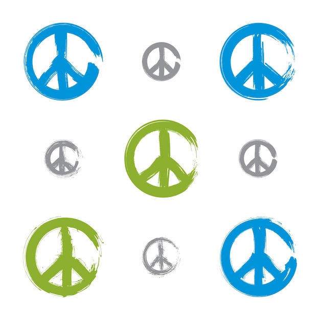 Conjunto de iconos de paz vectoriales simples y coloridos dibujados a mano, colección de pinceles que dibujan símbolos de paz realistas azules y verdes de los años 60, carteles hippies pintados a mano aislados en fondo blanco.