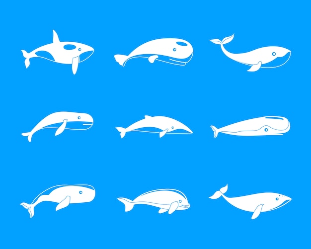 Vector conjunto de iconos de peces ballena azul cuento, estilo simple