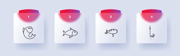 Conjunto de iconos de peces Percha de pesca carpa cruciana flotador anzuelo cebo silueta cebo habitantes submarinos numeración Recreación al aire libre concepto de ocio activo Estilo de Glassmorphism