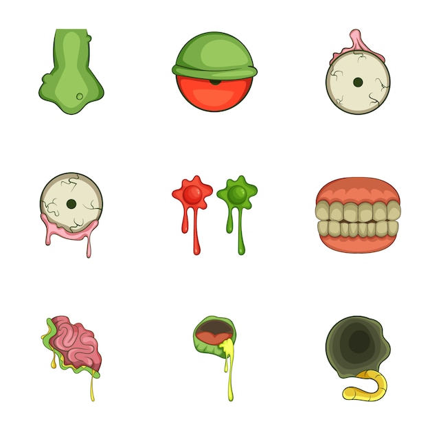 Vector conjunto de iconos de pegatina zombie de halloween, estilo de dibujos animados