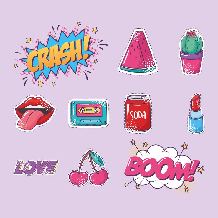 Vector conjunto de iconos de pegatinas de elementos de arte pop, sandía, cactus, labios, refrescos y más ilustración