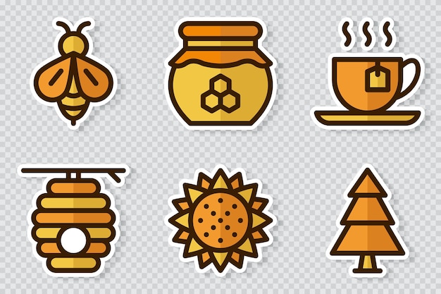 Conjunto de iconos de pegatinas de tema de miel Conjunto de pegatinas sobre tema de abeja Tema de colección de apicultura simple Estilo de dibujos animados Ilustración vectorial