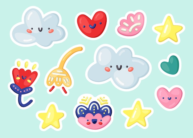 Conjunto de iconos y pegatinas de vector pastel 3d. Kawaii emoji nubes, flores para decoración, impresión, textiles