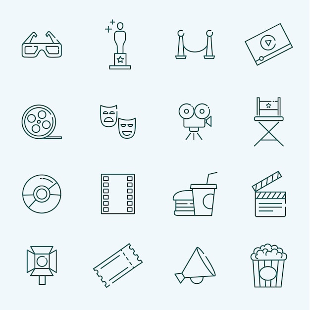 Conjunto de iconos de películas de contorno vectorial