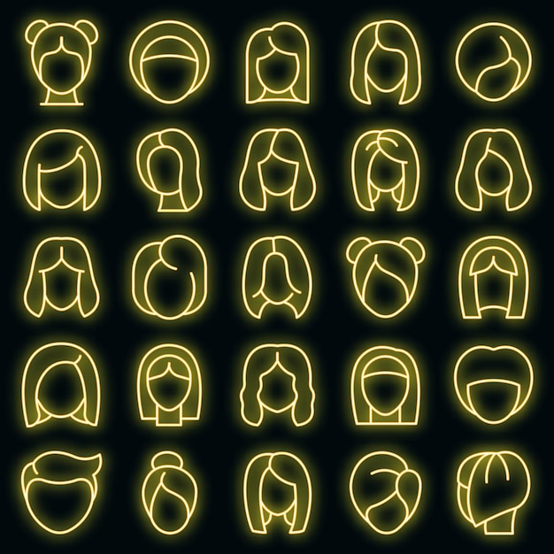 Conjunto de iconos de peluca. Esquema conjunto de iconos de vector de peluca color neón en negro