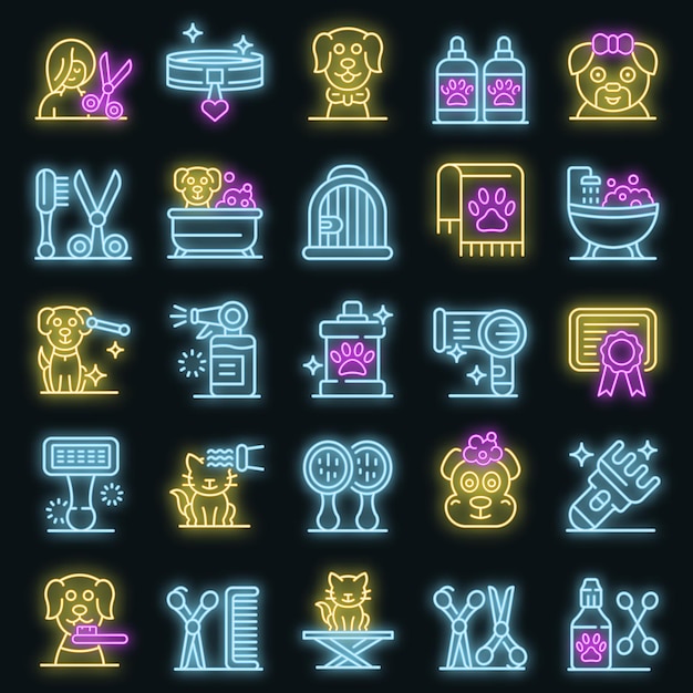 Conjunto de iconos de peluquero. Esquema conjunto de color de neón de los iconos de vector de peluquero en negro
