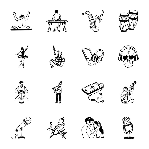 Conjunto de íconos de percusión dibujados a mano