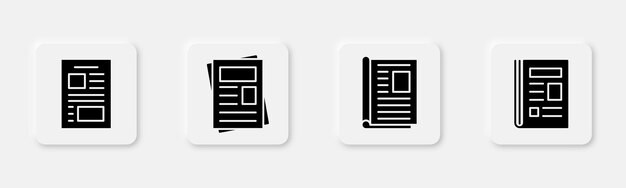 Conjunto de iconos de periódico signo de periódico en glifo icono de periódico negro icono de revista en glifo
