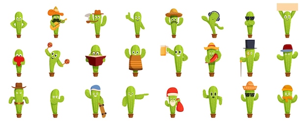 Conjunto de iconos de personajes de cactus Personajes de cactos divertidos posando con diferentes sombreros y trajes
