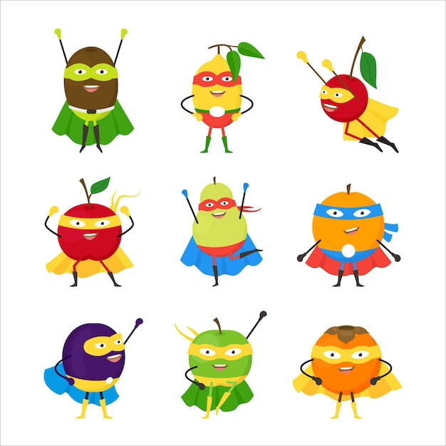 Conjunto de iconos de personajes de superhéroes de verduras de dibujos animados Vector