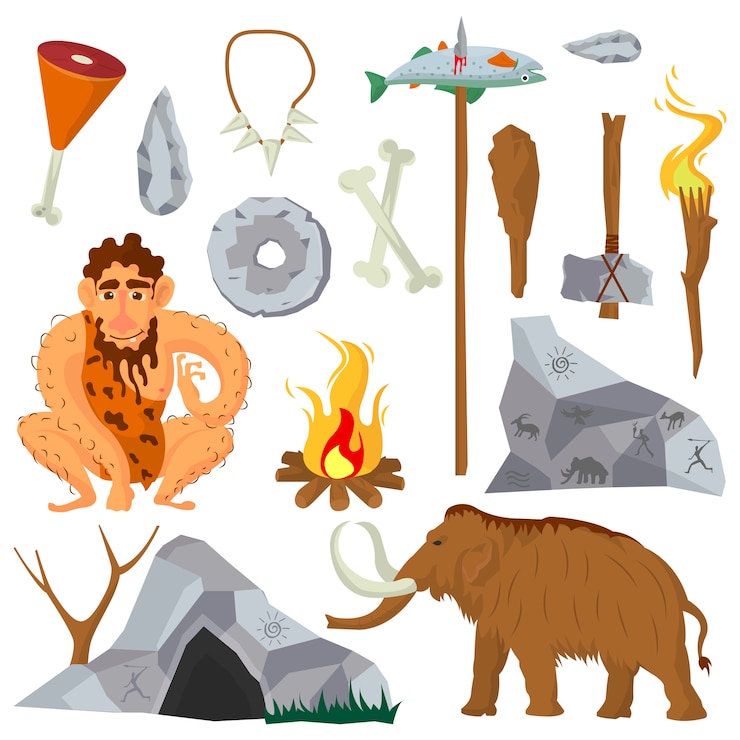 Vector conjunto de iconos y personajes de vectores de la edad de piedra o neandertal.