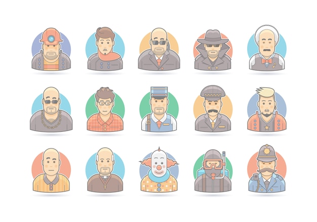Conjunto de iconos de personas de dibujos animados. ilustración de personaje. en blanco